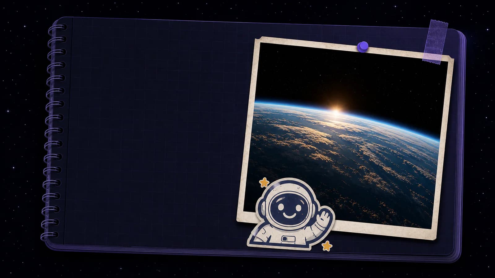 Carnet de mission avec une photographie de la Terre vue depuis l’espace